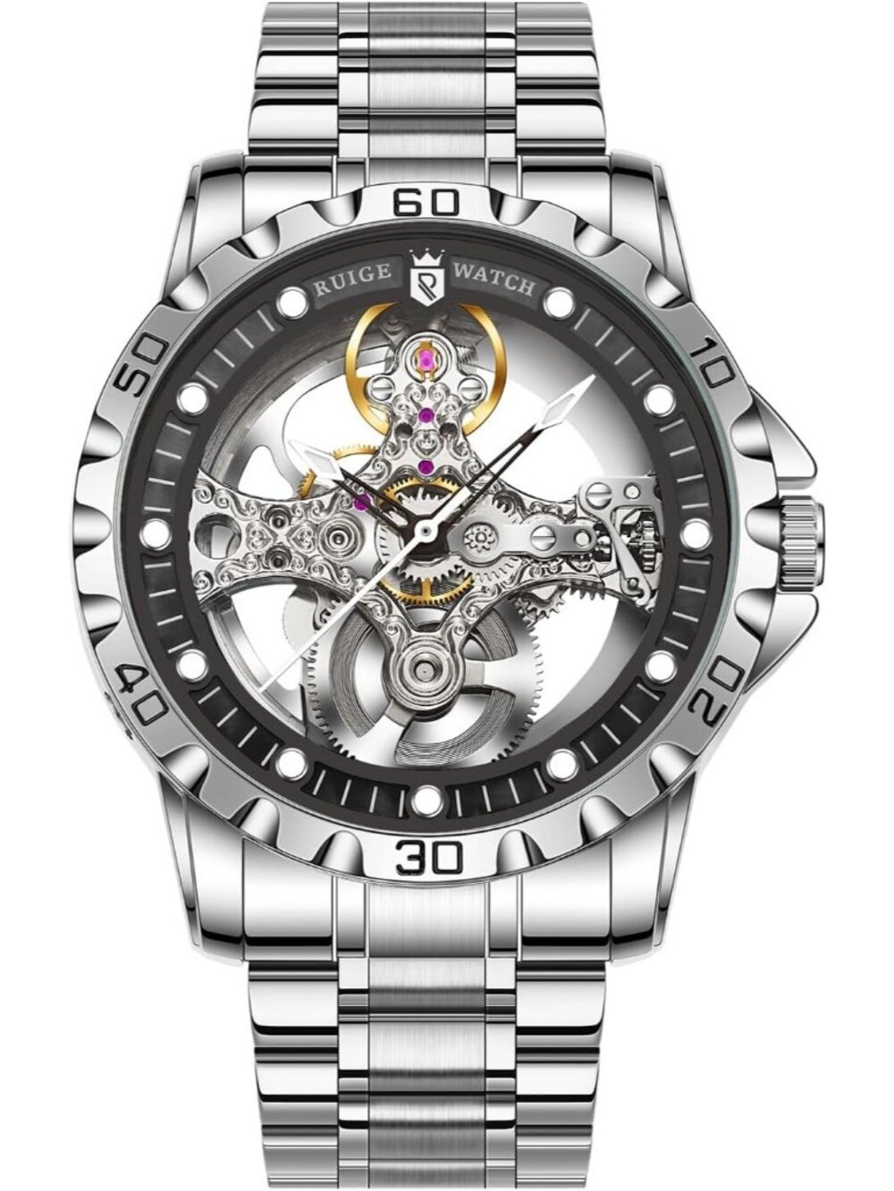 Men's Black Skeleton Automatic Mechanical Stainless Steel Bracelet Wrist Watch